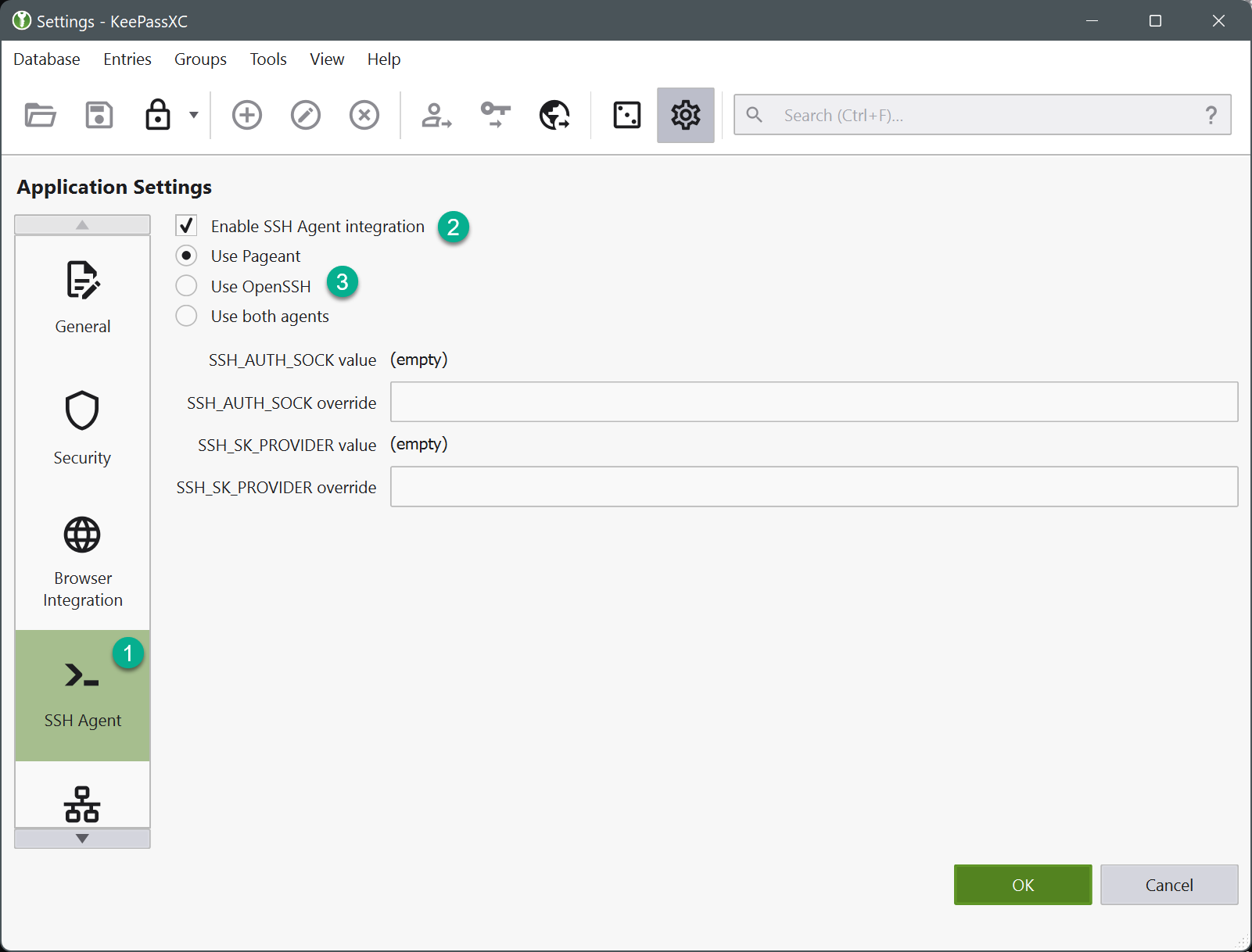 sshagent application settings