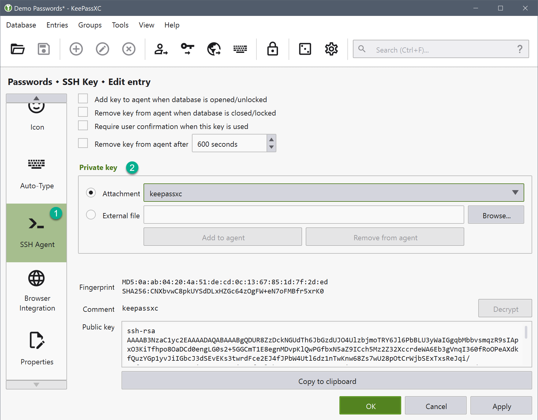 sshagent entry settings